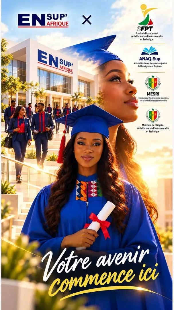 Affiche ENSUP Afrique : une diplômée en toge bleue tenant son diplôme devant le campus ENSUP, avec le slogan « Votre avenir commence ici » et les logos 3FPT, ANAQ-Sup, MESRI et ministère de l'Emploi et de la Formation professionnelle.